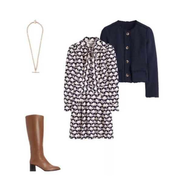 NWT Women's Boden Tie Neck Short Dress French Navy + White Swan Print Size 6R - Picture 9 of 9